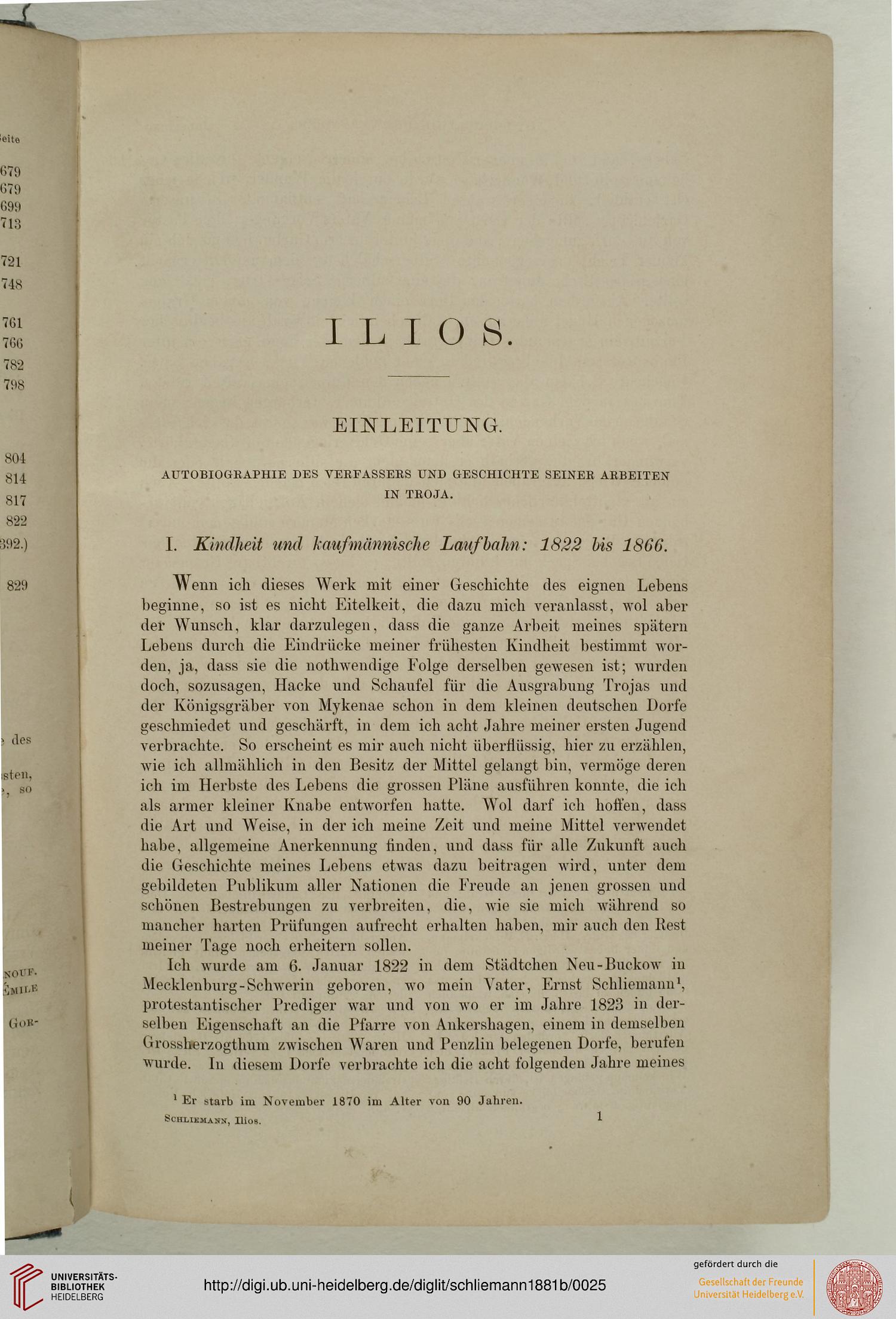 Page 1 of Schliemann's autobiographical introduction in the 1881 Brockhaus edition of Ilios, set in Fraktur typeface.